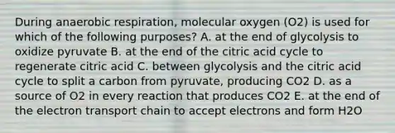 During an<a href='https://www.questionai.com/knowledge/kyxGdbadrV-aerobic-respiration' class='anchor-knowledge'>aerobic respiration</a>, molecular oxygen (O2) is used for which of the following purposes? A. at the end of glycolysis to oxidize pyruvate B. at the end of the citric acid cycle to regenerate citric acid C. between glycolysis and the citric acid cycle to split a carbon from pyruvate, producing CO2 D. as a source of O2 in every reaction that produces CO2 E. at the end of <a href='https://www.questionai.com/knowledge/k57oGBr0HP-the-electron-transport-chain' class='anchor-knowledge'>the electron transport chain</a> to accept electrons and form H2O