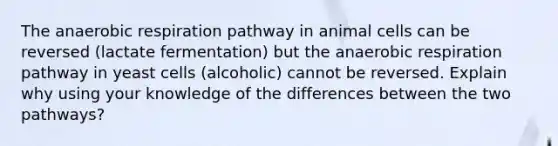 The anaerobic respiration pathway in animal cells can be reversed (lactate fermentation) but the anaerobic respiration pathway in yeast cells (alcoholic) cannot be reversed. Explain why using your knowledge of the differences between the two pathways?