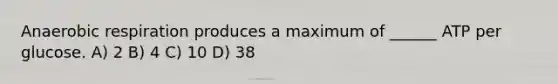 Anaerobic respiration produces a maximum of ______ ATP per glucose. A) 2 B) 4 C) 10 D) 38