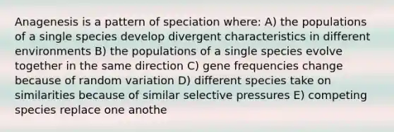 Anagenesis is a pattern of speciation where: A) the populations of a single species develop divergent characteristics in different environments B) the populations of a single species evolve together in the same direction C) gene frequencies change because of random variation D) different species take on similarities because of similar selective pressures E) competing species replace one anothe