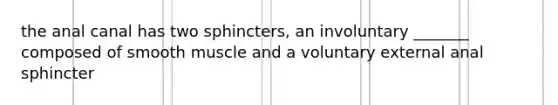 the anal canal has two sphincters, an involuntary _______ composed of smooth muscle and a voluntary external anal sphincter