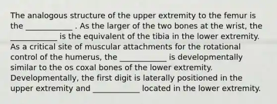 The analogous structure of the upper extremity to the femur is the ____________ . As the larger of the two bones at the wrist, the ____________ is the equivalent of the tibia in the lower extremity. As a critical site of muscular attachments for the rotational control of the humerus, the ____________ is developmentally similar to the os coxal bones of the lower extremity. Developmentally, the first digit is laterally positioned in the upper extremity and ____________ located in the lower extremity.