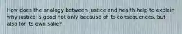 How does the analogy between justice and health help to explain why justice is good not only because of its consequences, but also for its own sake?