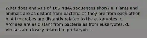 What does analysis of 16S rRNA sequences show? a. Plants and animals are as distant from bacteria as they are from each other. b. All microbes are distantly related to the eukaryotes. c. Archaea are as distant from bacteria as from eukaryotes. d. Viruses are closely related to prokaryotes.