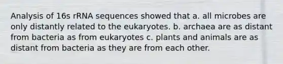 Analysis of 16s rRNA sequences showed that a. all microbes are only distantly related to the eukaryotes. b. archaea are as distant from bacteria as from eukaryotes c. plants and animals are as distant from bacteria as they are from each other.