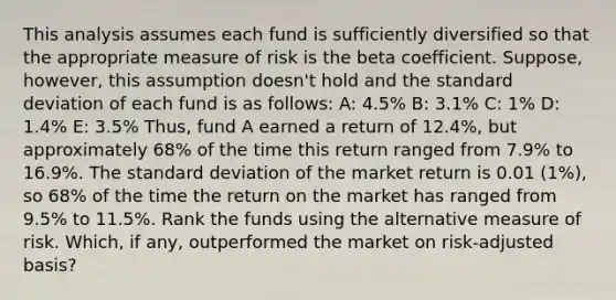 This analysis assumes each fund is sufficiently diversified so that the appropriate measure of risk is the beta coefficient. Suppose, however, this assumption doesn't hold and the standard deviation of each fund is as follows: A: 4.5% B: 3.1% C: 1% D: 1.4% E: 3.5% Thus, fund A earned a return of 12.4%, but approximately 68% of the time this return ranged from 7.9% to 16.9%. The standard deviation of the market return is 0.01 (1%), so 68% of the time the return on the market has ranged from 9.5% to 11.5%. Rank the funds using the alternative measure of risk. Which, if any, outperformed the market on risk-adjusted basis?