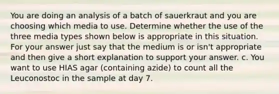 You are doing an analysis of a batch of sauerkraut and you are choosing which media to use. Determine whether the use of the three media types shown below is appropriate in this situation. For your answer just say that the medium is or isn't appropriate and then give a short explanation to support your answer. c. You want to use HIAS agar (containing azide) to count all the Leuconostoc in the sample at day 7.