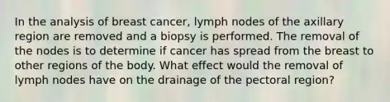 In the analysis of breast cancer, lymph nodes of the axillary region are removed and a biopsy is performed. The removal of the nodes is to determine if cancer has spread from the breast to other regions of the body. What effect would the removal of lymph nodes have on the drainage of the pectoral region?