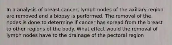 In a analysis of breast cancer, lymph nodes of the axillary region are removed and a biopsy is performed. The removal of the nodes is done to determine if cancer has spread from the breast to other regions of the body. What effect would the removal of lymph nodes have to the drainage of the pectoral region