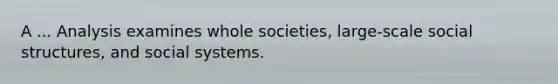 A ... Analysis examines whole societies, large-scale social structures, and social systems.