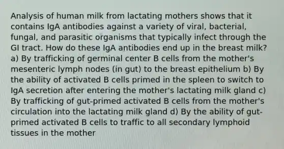 Analysis of human milk from lactating mothers shows that it contains IgA antibodies against a variety of viral, bacterial, fungal, and parasitic organisms that typically infect through the GI tract. How do these IgA antibodies end up in the breast milk? a) By trafficking of germinal center B cells from the mother's mesenteric lymph nodes (in gut) to the breast epithelium b) By the ability of activated B cells primed in the spleen to switch to IgA secretion after entering the mother's lactating milk gland c) By trafficking of gut-primed activated B cells from the mother's circulation into the lactating milk gland d) By the ability of gut-primed activated B cells to traffic to all secondary lymphoid tissues in the mother