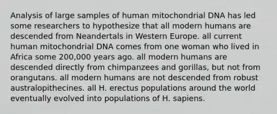 Analysis of large samples of human mitochondrial DNA has led some researchers to hypothesize that all modern humans are descended from Neandertals in Western Europe. all current human mitochondrial DNA comes from one woman who lived in Africa some 200,000 years ago. all modern humans are descended directly from chimpanzees and gorillas, but not from orangutans. all modern humans are not descended from robust australopithecines. all H. erectus populations around the world eventually evolved into populations of H. sapiens.