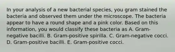 In your analysis of a new bacterial species, you gram stained the bacteria and observed them under the microscope. The bacteria appear to have a round shape and a pink color. Based on this information, you would classify these bacteria as A. Gram-negative bacilli. B. Gram-positive spirilla. C. Gram-negative cocci. D. Gram-positive bacilli. E. Gram-positive cocci.