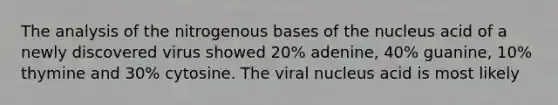 The analysis of the nitrogenous bases of the nucleus acid of a newly discovered virus showed 20% adenine, 40% guanine, 10% thymine and 30% cytosine. The viral nucleus acid is most likely