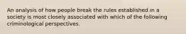 An analysis of how people break the rules established in a society is most closely associated with which of the following criminological perspectives.