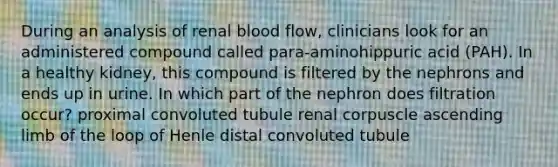 During an analysis of renal blood flow, clinicians look for an administered compound called para-aminohippuric acid (PAH). In a healthy kidney, this compound is filtered by the nephrons and ends up in urine. In which part of the nephron does filtration occur? proximal convoluted tubule renal corpuscle ascending limb of the loop of Henle distal convoluted tubule