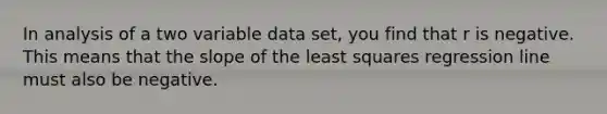 In analysis of a two variable data set, you find that r is negative. This means that the slope of the least squares regression line must also be negative.