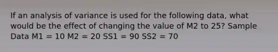 If an analysis of variance is used for the following data, what would be the effect of changing the value of M2 to 25? Sample Data M1 = 10 M2 = 20 SS1 = 90 SS2 = 70