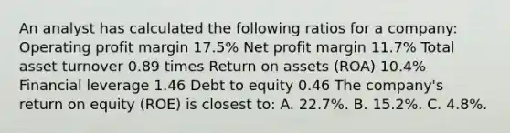 An analyst has calculated the following ratios for a company: Operating profit margin 17.5% Net profit margin 11.7% Total asset turnover 0.89 times Return on assets (ROA) 10.4% Financial leverage 1.46 Debt to equity 0.46 The company's return on equity (ROE) is closest to: A. 22.7%. B. 15.2%. C. 4.8%.