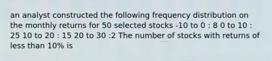 an analyst constructed the following frequency distribution on the monthly returns for 50 selected stocks -10 to 0 : 8 0 to 10 : 25 10 to 20 : 15 20 to 30 :2 The number of stocks with returns of less than 10% is