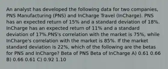 An analyst has developed the following data for two companies, PNS Manufacturing (PNS) and InCharge Travel (InCharge). PNS has an expected return of 15% and a <a href='https://www.questionai.com/knowledge/kqGUr1Cldy-standard-deviation' class='anchor-knowledge'>standard deviation</a> of 18%. InCharge has an expected return of 11% and a standard deviation of 17%.PNS's correlation with the market is 75%, while InCharge's correlation with the market is 85%. If the market standard deviation is 22%, which of the following are the betas for PNS and InCharge? Beta of PNS Beta of InCharge A) 0.61 0.66 B) 0.66 0.61 C) 0.92 1.10