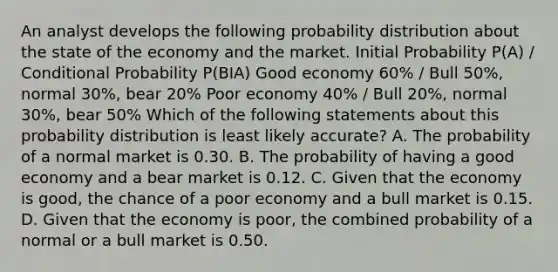 An analyst develops the following probability distribution about the state of the economy and the market. Initial Probability P(A) / Conditional Probability P(BIA) Good economy 60% / Bull 50%, normal 30%, bear 20% Poor economy 40% / Bull 20%, normal 30%, bear 50% Which of the following statements about this probability distribution is least likely accurate? A. The probability of a normal market is 0.30. B. The probability of having a good economy and a bear market is 0.12. C. Given that the economy is good, the chance of a poor economy and a bull market is 0.15. D. Given that the economy is poor, the combined probability of a normal or a bull market is 0.50.