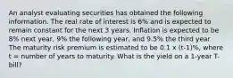 An analyst evaluating securities has obtained the following information. The real rate of interest is 6% and is expected to remain constant for the next 3 years. Inflation is expected to be 8% next year, 9% the following year, and 9.5% the third year. The maturity risk premium is estimated to be 0.1 x (t-1)%, where t = number of years to maturity. What is the yield on a 1-year T-bill?