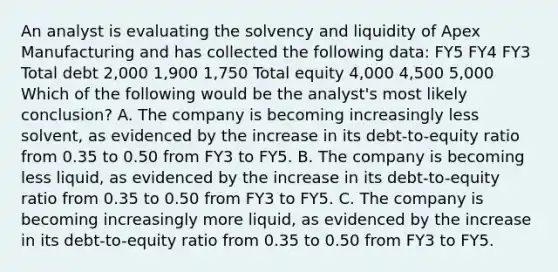 An analyst is evaluating the solvency and liquidity of Apex Manufacturing and has collected the following data: FY5 FY4 FY3 Total debt 2,000 1,900 1,750 Total equity 4,000 4,500 5,000 Which of the following would be the analyst's most likely conclusion? A. The company is becoming increasingly less solvent, as evidenced by the increase in its debt-to-equity ratio from 0.35 to 0.50 from FY3 to FY5. B. The company is becoming less liquid, as evidenced by the increase in its debt-to-equity ratio from 0.35 to 0.50 from FY3 to FY5. C. The company is becoming increasingly more liquid, as evidenced by the increase in its debt-to-equity ratio from 0.35 to 0.50 from FY3 to FY5.