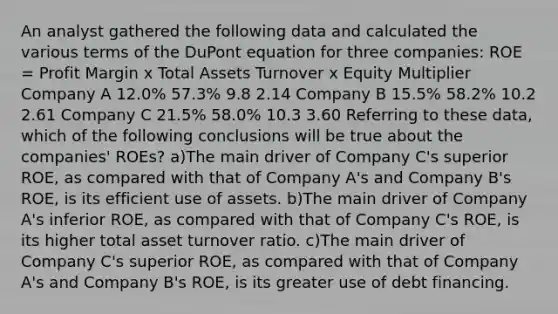 An analyst gathered the following data and calculated the various terms of the DuPont equation for three companies: ROE = Profit Margin x Total Assets Turnover x Equity Multiplier Company A 12.0% 57.3% 9.8 2.14 Company B 15.5% 58.2% 10.2 2.61 Company C 21.5% 58.0% 10.3 3.60 Referring to these data, which of the following conclusions will be true about the companies' ROEs? a)The main driver of Company C's superior ROE, as compared with that of Company A's and Company B's ROE, is its efficient use of assets. b)The main driver of Company A's inferior ROE, as compared with that of Company C's ROE, is its higher total asset turnover ratio. c)The main driver of Company C's superior ROE, as compared with that of Company A's and Company B's ROE, is its greater use of debt financing.