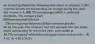 An analyst gathered the following data about a company: 1,000 common shares are outstanding (no change during the year). Net income is 5,000. The company paid500 in preferred dividends. The company paid 600 in common dividends. The average market price of their common stock is60 for the year. The company had 100 warrants (for one share each) outstanding for the entire year, exercisable at 50. The company's diluted earnings per share is closest to: A)4.42. B) 4.55. C)4.83.