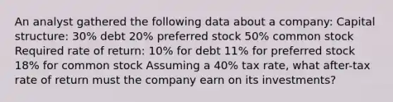 An analyst gathered the following data about a company: Capital structure: 30% debt 20% preferred stock 50% common stock Required rate of return: 10% for debt 11% for preferred stock 18% for common stock Assuming a 40% tax rate, what after-tax rate of return must the company earn on its investments?