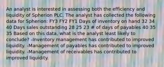 An analyst is interested in assessing both the efficiency and liquidity of Spherion PLC. The analyst has collected the following data for Spherion: FY3 FY2 FY1 Days of inventory on hand 32 34 40 Days sales outstanding 28 25 23 # of days of payables 40 35 35 Based on this data, what is the analyst least likely to conclude? -Inventory management has contributed to improved liquidity. -Management of payables has contributed to improved liquidity. -Management of receivables has contributed to improved liquidity.