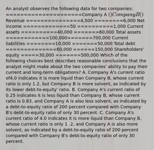 An analyst observes the following data for two companies: =====================Company A () Company B () Revenue ===============4,500 ========6,000 Net income =============50 ==========1,000 Current assets ==========40,000 =======60,000 Total assets ============100,000=======700,000 Current liabilities ========10,000 =======50,000 Total debt ==============60,000 ======150,000 Shareholders' equity =====30,000 =======500,000 Which of the following choices best describes reasonable conclusions that the analyst might make about the two companies' ability to pay their current and long-term obligations? A. Company A's current ratio of4.0 indicates it is more liquid than Company B, whose current ratio is only 1.2, but Company B is more solvent, as indicated by its lower debt-to-equity' ratio. B. Company A's current ratio of 0.25 indicates it is less liquid than Company B, whose current ratio is 0.83, and Company A is also less solvent, as indicated by a debt-to-equity ratio of 200 percent compared with Company B's debt-to-equity ratio of only 30 percent. C. Company A's current ratio of 4.0 indicates it is more liquid than Company B, whose current ratio is only 1 .2, and Company A is also more solvent, as indicated by a debt-to-equity ratio of 200 percent compared with Company B's debt-to-equity ratio of only 30 percent.