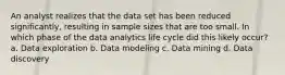 An analyst realizes that the data set has been reduced significantly, resulting in sample sizes that are too small. In which phase of the data analytics life cycle did this likely occur? a. Data exploration b. Data modeling c. Data mining d. Data discovery