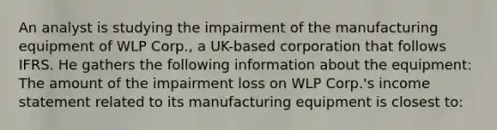 An analyst is studying the impairment of the manufacturing equipment of WLP Corp., a UK-based corporation that follows IFRS. He gathers the following information about the equipment: The amount of the impairment loss on WLP Corp.'s <a href='https://www.questionai.com/knowledge/kCPMsnOwdm-income-statement' class='anchor-knowledge'>income statement</a> related to its manufacturing equipment is closest to: