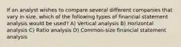 If an analyst wishes to compare several different companies that vary in size, which of the following types of financial statement analysis would be used? A) Vertical analysis B) Horizontal analysis C) Ratio analysis D) Common-size financial statement analysis