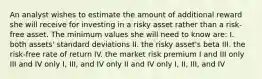 An analyst wishes to estimate the amount of additional reward she will receive for investing in a risky asset rather than a risk-free asset. The minimum values she will need to know are: I. both assets' standard deviations II. the risky asset's beta III. the risk-free rate of return IV. the market risk premium I and III only III and IV only I, III, and IV only II and IV only I, II, III, and IV