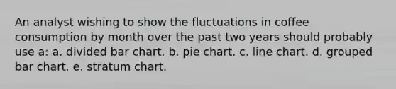 An analyst wishing to show the fluctuations in coffee consumption by month over the past two years should probably use a: a. divided bar chart. b. pie chart. c. line chart. d. grouped bar chart. e. stratum chart.
