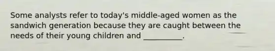 Some analysts refer to today's middle-aged women as the sandwich generation because they are caught between the needs of their young children and __________.