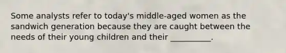 Some analysts refer to today's middle-aged women as the sandwich generation because they are caught between the needs of their young children and their __________.