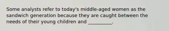 Some analysts refer to today's middle-aged women as the sandwich generation because they are caught between the needs of their young children and __________.​