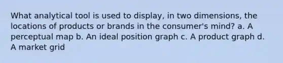 What analytical tool is used to display, in two dimensions, the locations of products or brands in the consumer's mind? a. A perceptual map b. An ideal position graph c. A product graph d. A market grid