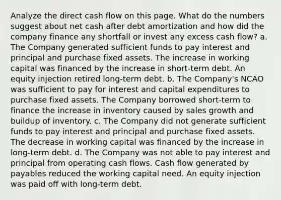 Analyze the direct cash flow on this page. What do the numbers suggest about net cash after debt amortization and how did the company finance any shortfall or invest any excess cash flow? a. The Company generated sufficient funds to pay interest and principal and purchase fixed assets. The increase in working capital was financed by the increase in short-term debt. An equity injection retired long-term debt. b. The Company's NCAO was sufficient to pay for interest and capital expenditures to purchase fixed assets. The Company borrowed short-term to finance the increase in inventory caused by sales growth and buildup of inventory. c. The Company did not generate sufficient funds to pay interest and principal and purchase fixed assets. The decrease in working capital was financed by the increase in long-term debt. d. The Company was not able to pay interest and principal from operating cash flows. Cash flow generated by payables reduced the working capital need. An equity injection was paid off with long-term debt.