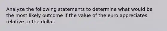 Analyze the following statements to determine what would be the most likely outcome if the value of the euro appreciates relative to the dollar.