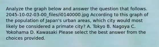 Analyze the graph below and answer the question that follows. 2045-10-02-03-00_files/i0140000.jpg According to this graph of the population of Japan's urban areas, which city would most likely be considered a primate city? A. Tokyo B. Nagoya C. Yokohama D. Kawasaki Please select the best answer from the choices provided.