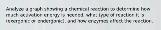 Analyze a graph showing a chemical reaction to determine how much activation energy is needed, what type of reaction it is (exergonic or endergonic), and how enzymes affect the reaction.