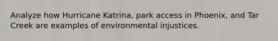 Analyze how Hurricane Katrina, park access in Phoenix, and Tar Creek are examples of environmental injustices.