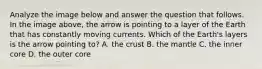 Analyze the image below and answer the question that follows. In the image above, the arrow is pointing to a layer of the Earth that has constantly moving currents. Which of the Earth's layers is the arrow pointing to? A. the crust B. the mantle C. the inner core D. the outer core