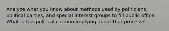 Analyze what you know about methods used by politicians, political parties, and special interest groups to fill public office. What is this political cartoon implying about that process?
