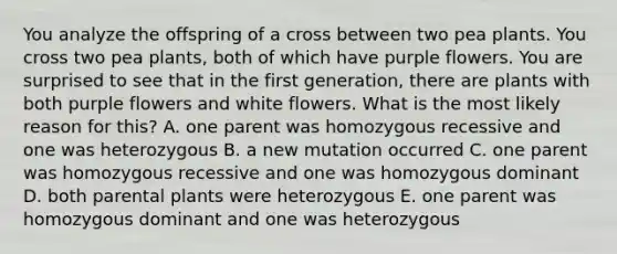 You analyze the offspring of a cross between two pea plants. You cross two pea plants, both of which have purple flowers. You are surprised to see that in the first generation, there are plants with both purple flowers and white flowers. What is the most likely reason for this? A. one parent was homozygous recessive and one was heterozygous B. a new mutation occurred C. one parent was homozygous recessive and one was homozygous dominant D. both parental plants were heterozygous E. one parent was homozygous dominant and one was heterozygous